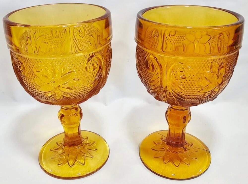 Vintage Indiana Amber Tiara Sandwich Cordial Wine Glasses 4.25"T Set of 2